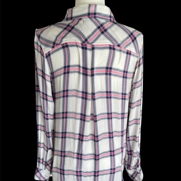 Rails: Women's White w/ Pink & Grey Plaid Long Sleeve Button Up Shirt - Size S - Picture 2 of 4